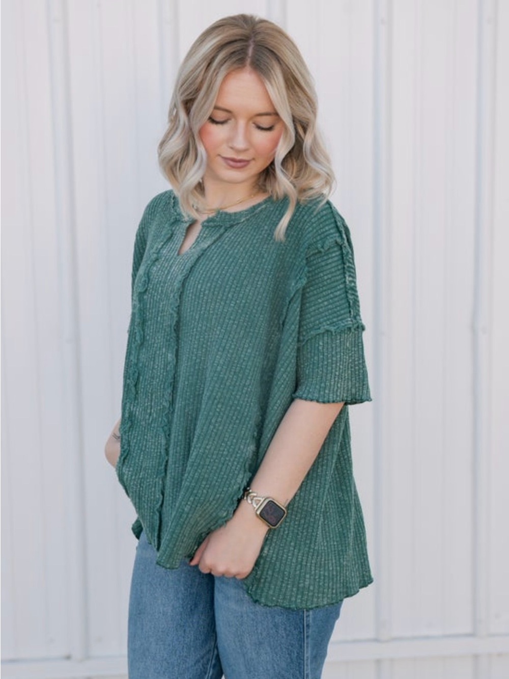 Easel Oversized Textured Green Top